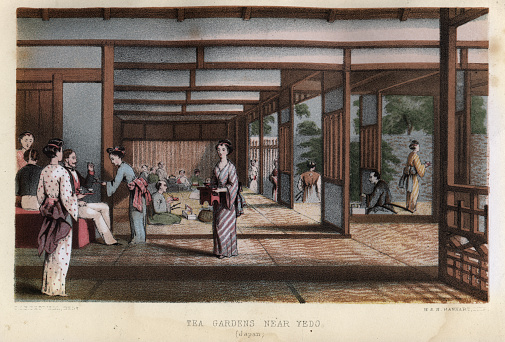 Vintage illustration of Japanese tea gardens near Yedo (Edo), Japan, Women in traditional dress serving tea, 19th Century