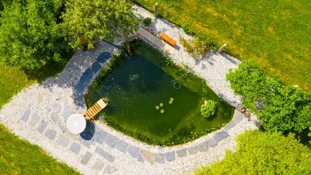 Relaxation zone with fish farming in an organic garden from above. Sustainable development in gardening and aquaculture.