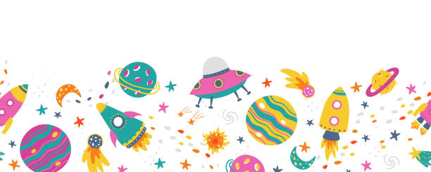 Cute outer space design for kids, fun rockets, planets, stars - great for textiles, banners, wallpapers, wrapping - vector design Cute outer space design for kids, fun rockets, planets, stars - great for textiles, banners, wallpapers, wrapping - vector design rocketship borders stock illustrations