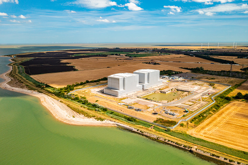 Aerial photo from a drone of the nuclear power station in Bradwell, Essex, UK.