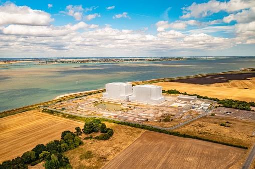 Aerial photo from a drone of the nuclear power station in Bradwell, Essex, UK.