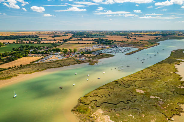 Bradwell Waterside Aerial photo from a drone of Bradwell Waterside in Essex, UK. essex england stock pictures, royalty-free photos & images