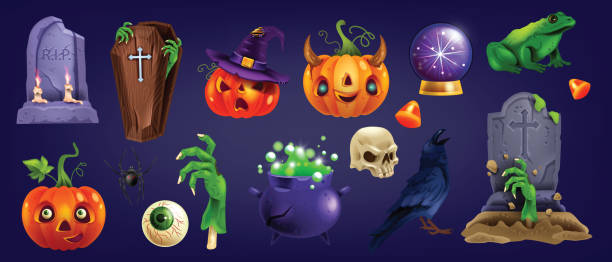 ilustrações, clipart, desenhos animados e ícones de conjunto de adesivos de objeto de halloween, lápide de pedra, cruz antiga, olho, vetor assustador kit de crachá de festa. - stone coffin