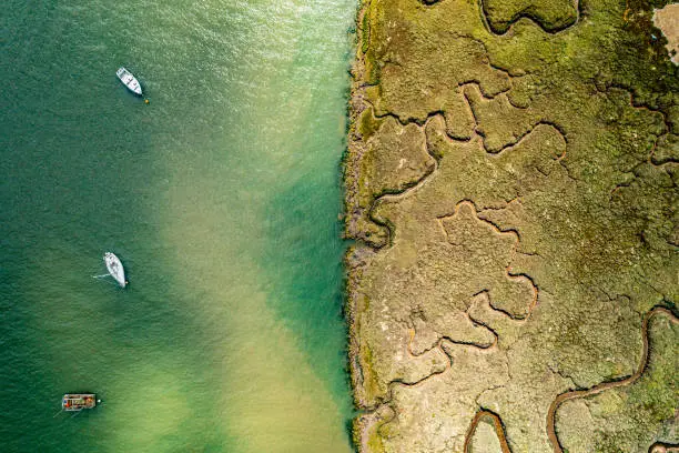 Aerial photo from a drone of Pewet Island, Bradwell Waterside, Essex, UK.