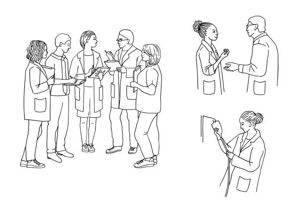 Group of doctors Hand drawn illustration of a group of medical staff talking to each other doctor drawings stock illustrations