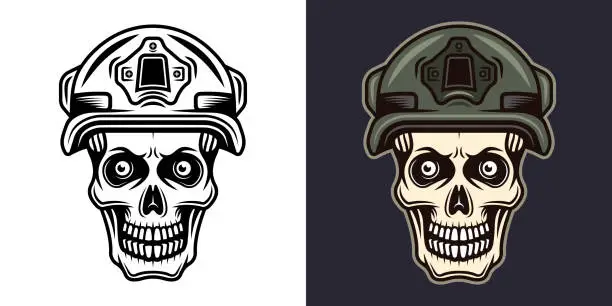 Vector illustration of Soldier skull vector illustration in two styles monochrome on white and colorful on dark background
