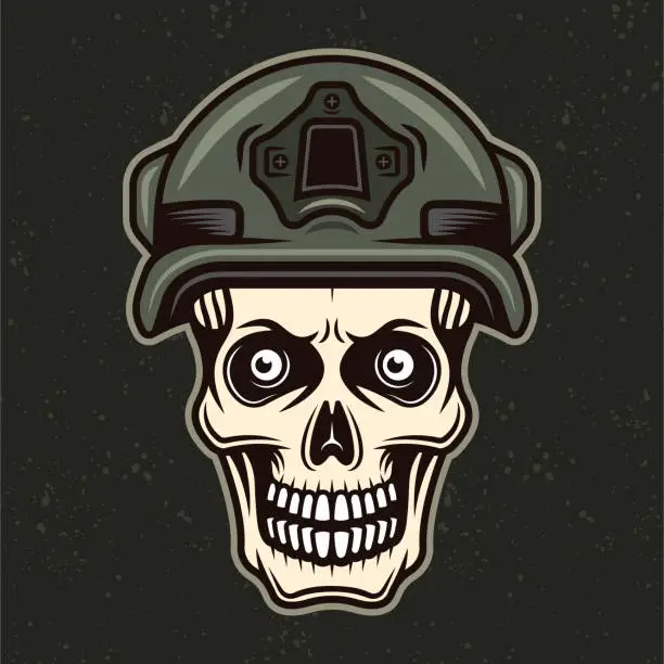 Vector illustration of Soldier skull vector illustration in vintage colorful style on dark background, apparel design, t-shirt template