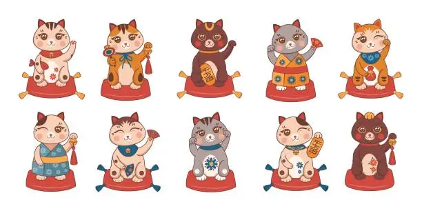 Vector illustration of Japanese fortune cat. Maneki neko with money and lucky talismans. Rich kitty in funny collar with bell. Animal toys set. Traditional culture character. Vector cartoon folklore kittens