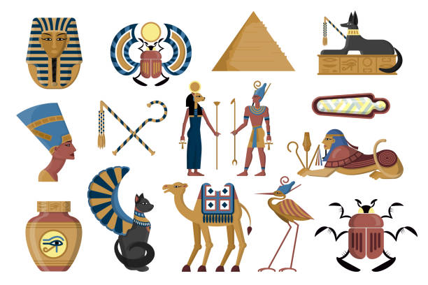 ilustraciones, imágenes clip art, dibujos animados e iconos de stock de símbolos egipcios. antiguo egipto. dios y faraón con cetros. escultura de cleopatra. templo piramidal. estatua de la esfinge. animales de la mitología. momia en sarcófago. conjunto de ilustraciones vectoriales - traditional culture heron bird animal