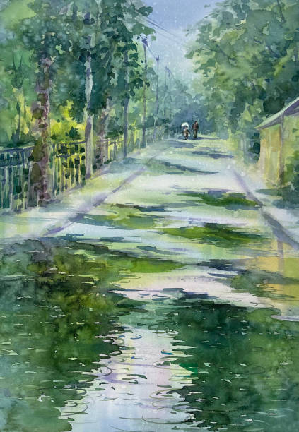 istock Rain in the street watercolor background. Green summer illustration 1412886529