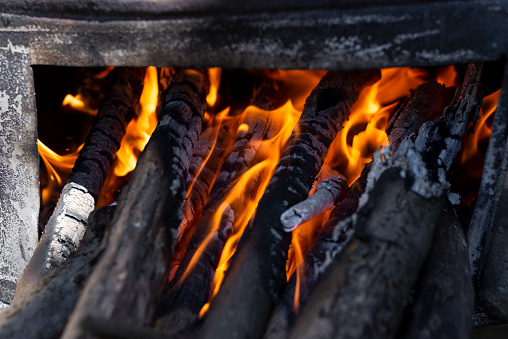 Firewood, fire. Burning wood in camp fire.