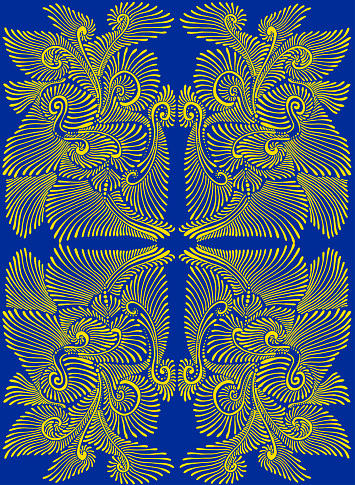 Blue and yellow amazing psychedelic pattern for support Ukraine. Yellow outline isolated on blue background. Decorative fractal texture for design. Vector hand drawn fantasy illustration.