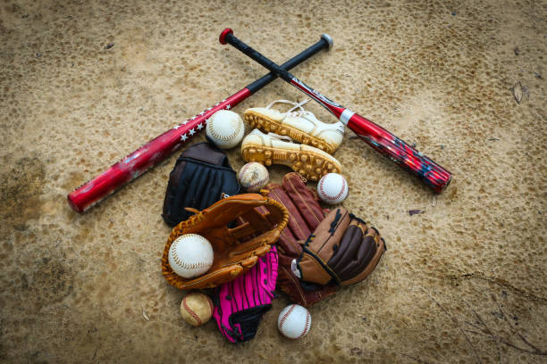 close-up of baseball equipment - catching horizontal nobody baseballs imagens e fotografias de stock