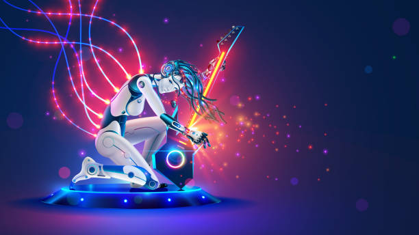 istock A robot rock musician plays guitar at a concert. Cyborg rocker kneeling performs rock music, knocks out sparks from an electric guitar. Robot Music Show. Cool beautiful robotic girl rocker with AI. 1412892926