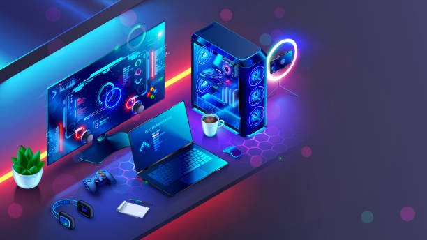 Gaming computer on desk in video gamer room with neon lights. Gaming PC monitor with abstract interface of computer game. Workstation of gaming streamer on table. Work station with neon cooler. Esport vector art illustration