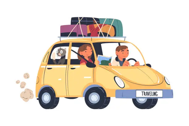 Vector illustration of Young Man and Woman Traveling by Car with Luggage Trunks on Roof and Cat Looking in Window Having Trip on Vacation Vector Illustration