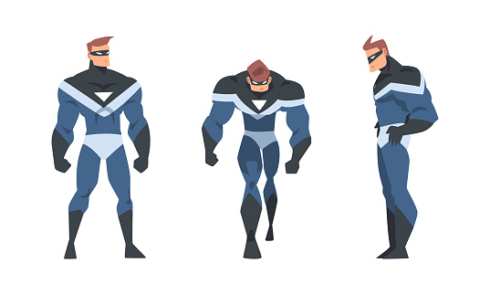 Man Superhero Character Dressed Black and Blue Costume and Mask in Action Vector Set. Trained Male Vigilante as Justice Fighter
