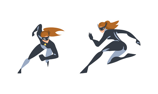 Woman Superhero Character Dressed Black and Blue Costume and Mask in Action Vector Set. Trained Female Vigilante as Justice Fighter