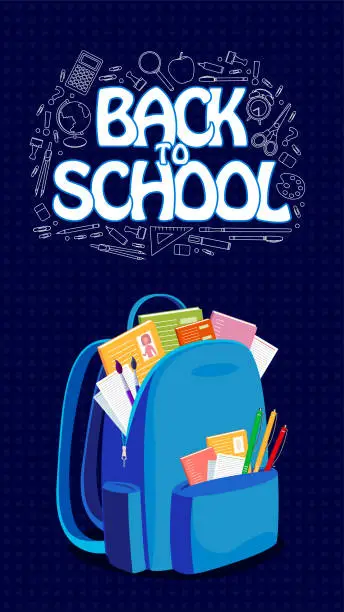 Vector illustration of Blue backpack on a dark background and white pencil elements