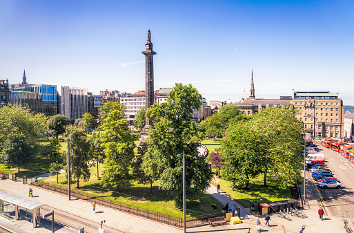 A high angle view over St Andrew's Square in Edinburgh's city centre, photographed on a sunny day in July.