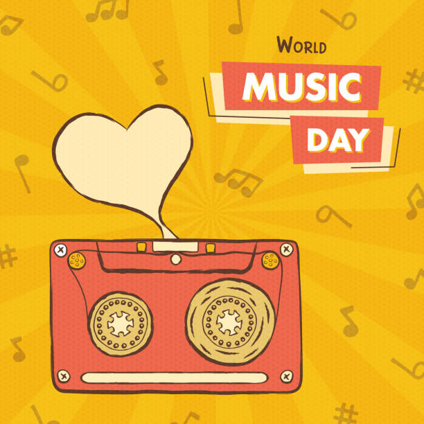 World Music Day vintage heart cassette cartoon World Music Day greeting card illustration of vintage cassette record player tape in colorful hand drawn cartoon style. 80s musical concept for holiday event. mix tape heart stock illustrations