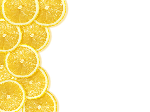 Lemon and slices with isolated on white background with copy space for your text. Flat layout, top view