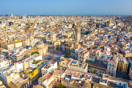 Aerial view of Valencia city, Spain at sunset