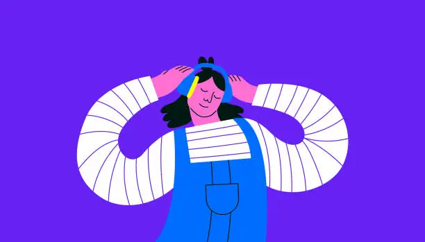 Vector illustration of Happy woman relaxed listening to headphone music