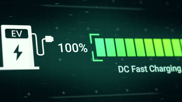Battery charging status interface of electric vehicle using DC fast charger from charging station, 3d rendering futuristic fuel power level indicator UI display for EV automotive industry technology interfaz de estado de carga de la batería del vehículo eléctrico que utiliza el cargador rápido de cc desde la estación de carga, 3d renderizando futurista el nivel de potencia de combustible indicador de interfaz de usuario para la tecnología de la