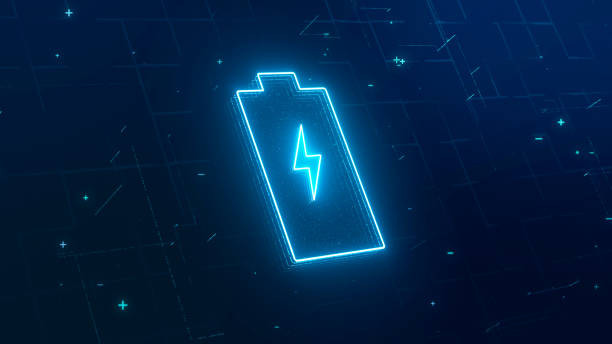 istock Digital lithium-ion rechargeable battery symbol, high voltage charging energy storage with glowing blue neon lightning particle icon, 3d rendering futuristic alternative energy technology concept 1412898279