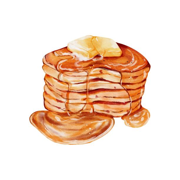 ilustrações, clipart, desenhos animados e ícones de aquarela do design vetorial da panqueca de manteiga - pancake illustration and painting food vector