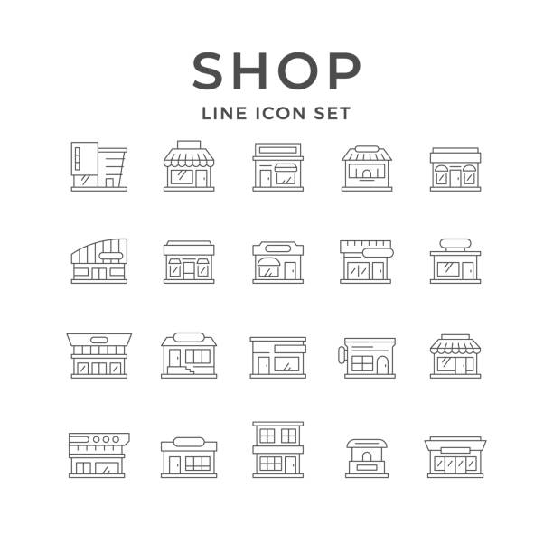 Set line icons of shop building Set line icons of shop building isolated on white. Mall, store, supermarket, boutique, restaurant, small business. Vector illustration small business stock illustrations