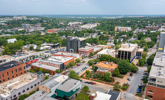 An aerial view of the University of North Carolina campus and surrounding area in Chapel Hill, North Carolina.