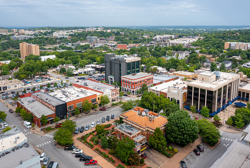 Aerial view of Fayetteville Arkansas town square.