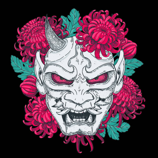 Hannya mask with chrysanthemum flowers hand drawn vector illustration. Traditional japanese demon. Tattoo print. Hand drawn illustration for t-shirt print, fabric and other uses. Hannya mask with chrysanthemum flowers hand drawn vector illustration. Traditional japanese demon. Tattoo print. Hand drawn illustration for t-shirt print, fabric and other uses. hannya stock illustrations