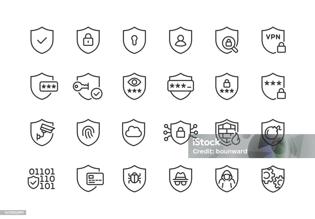 Bearbeitbarer Strich "Datensicherheitsliniensymbole abschirmen" - Lizenzfrei Icon Vektorgrafik Bearbeitbarer Strich "Datensicherheitsliniensymbole abschirmen" - Lizenzfrei Icon Vektorgrafik