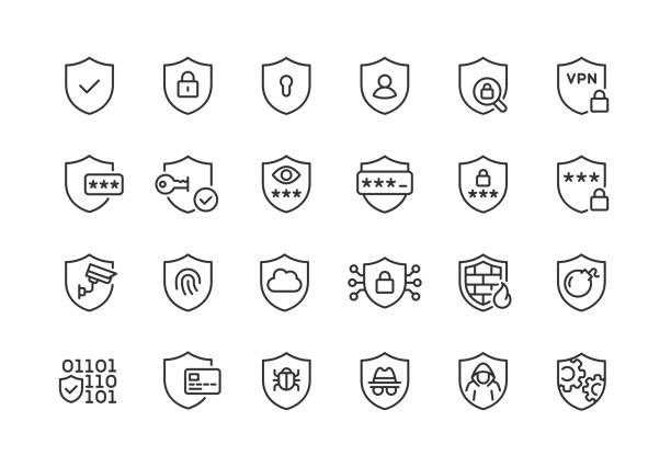 illustrazioni stock, clip art, cartoni animati e icone di tendenza di shield data security line icons tratto modificabile - security equipment illustrations