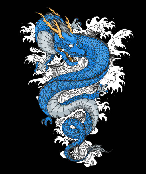 istock Chinese dragon with sea waves hand drawn vector illustration. Tattoo print. Hand drawn sketch illustration for t-shirt print, fabric and other uses. 1412903358