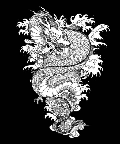 istock Chinese dragon with sea waves hand drawn vector illustration. Tattoo print. Hand drawn sketch illustration for t-shirt print, fabric and other uses. 1412903474