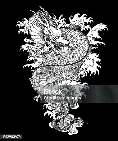 istock Chinese dragon with sea waves hand drawn vector illustration. Tattoo print. Hand drawn sketch illustration for t-shirt print, fabric and other uses. 1412903474