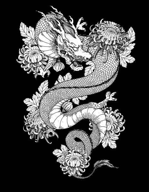 istock Chinese dragon with chrysanthemum flowers hand drawn vector illustration. Tattoo print. Hand drawn sketch illustration for t-shirt print, fabric and other uses. 1412903660