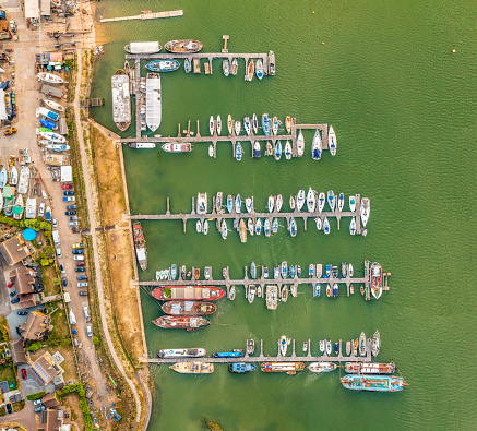 Aerial photo from a drone of Maylandsea Marina in Essex, UK.