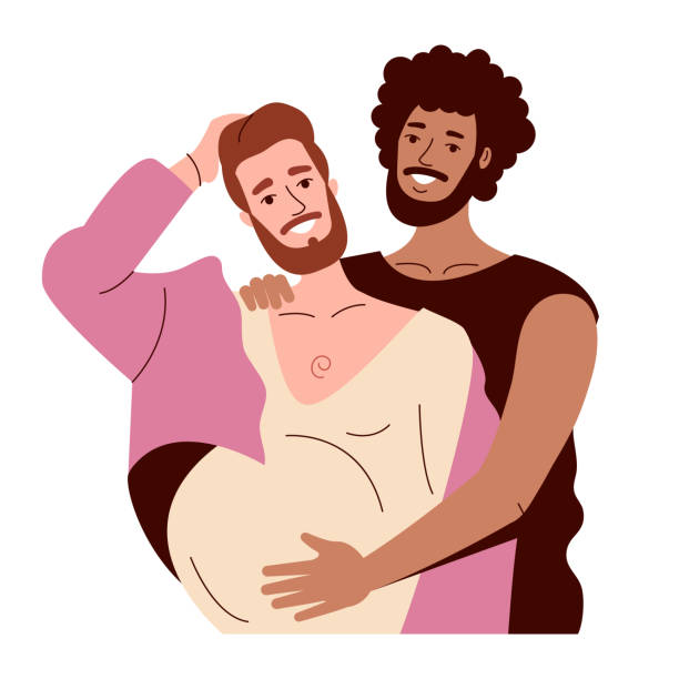 ilustrações, clipart, desenhos animados e ícones de dois gays de raças diferentes se abraçam. o cara escuro sorri. homem gay transgênero grávida, cabelo rosa - trans