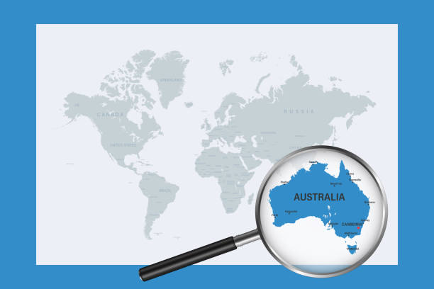 Map Of Australia On Political World Map With Magnifying Glass Stock Map Of Australia On Political World Map With Magnifying Glass 