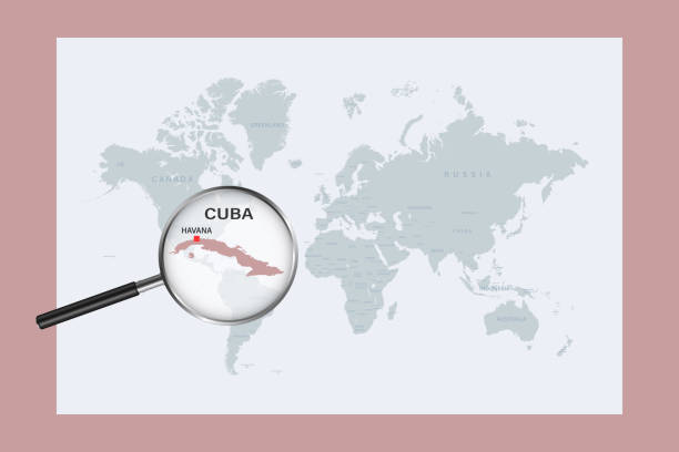 Map Of Cuba On Political World Map With Magnifying Glass Stock Map Of Cuba On Political World Map With Magnifying Glass 
