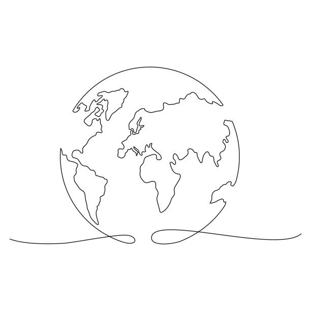 Earth globe one line art. Earth globe one line art. Continuous World map doodle line drawing. Earth map hand drawn symbol. Vector illustration isolated on white background. europe map white stock illustrations
