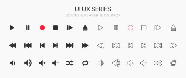 zestaw ikon odtwarzacza multimedialnego. multimedialne sterowanie dźwiękiem muzyki. symbole interfejsu odtwarzacza multimedialnego. odtwarzaj, wstrzymywaj, pomijaj, zatrzymuj ikony aplikacji mobilnej, strony internetowej, interfejsu użytkownika, systemu - resting interface icons push button computer key stock illustrations