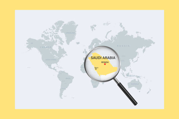 Map Of Saudi Arabia On Political World Map With Magnifying Glass Stock Map Of Saudi Arabia On Political World Map With Magnifying Glass 