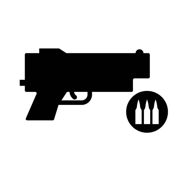 ilustraciones, imágenes clip art, dibujos animados e iconos de stock de icono de pistola de pistola y símbolo de bala. suministro de balas. vector. - gun violence