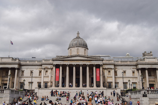 London, UK. August 3 2022:  The National Gallery in Trafalgar Square exterior view